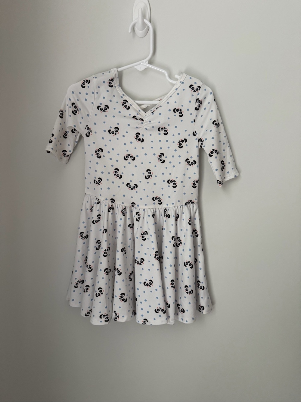 Dot Dot Smile White Dress with Black Panda Faces and Blue Dots